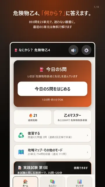ホーム画面。今日の5問